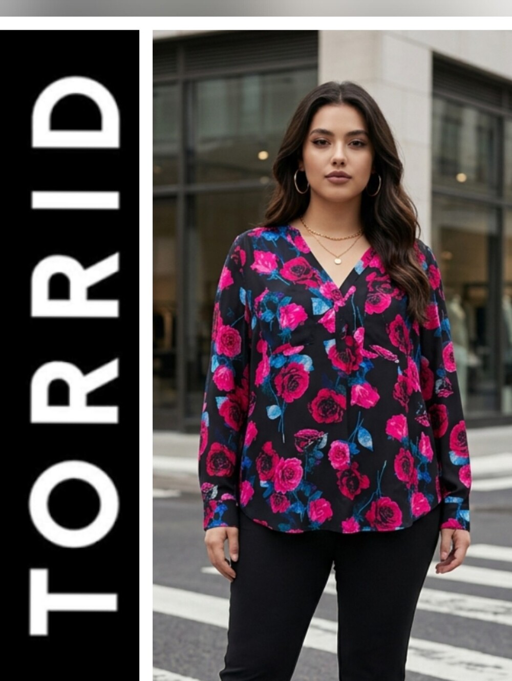 torrid Harper Black V-Neck Blouse with Pink and Blue Floral Print